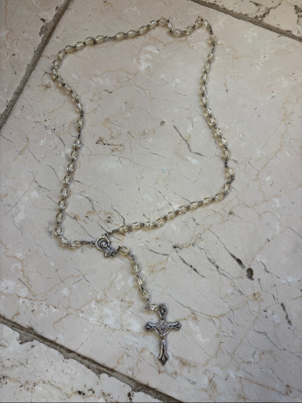 Silver-Tone Rosary Necklace with Crucifix